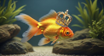 Regal Goldfish Wearing a Sparkling Crown in a Natural Aquarium Environment