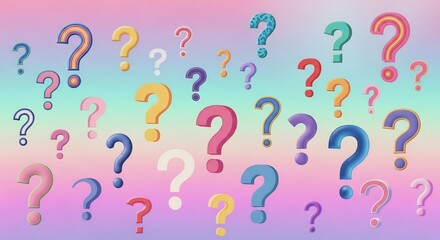 Obraz premium A colorful and whimsical array of question marks floating against a pastel gradient backdrop, Playful question mark design on a dreamy pastel background