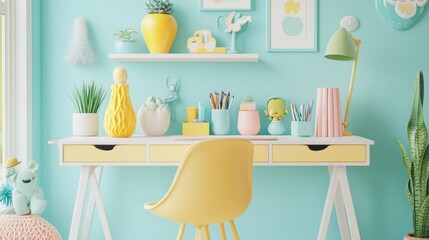 Colorful children's study area with pastel decor.