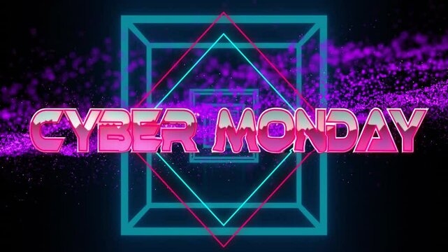 Opening receding cyan tunnel pulsing stream, sliding Cyber Monday text diamond frame revealing logo