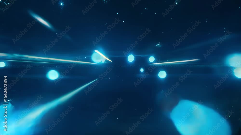 Poster blue light streaks and glowing orbs create an abstract tech background