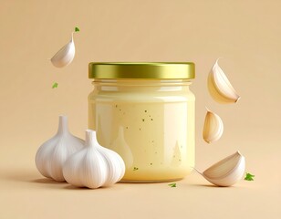 3D garlic aioli jar with garlic cloves beside, minimal background