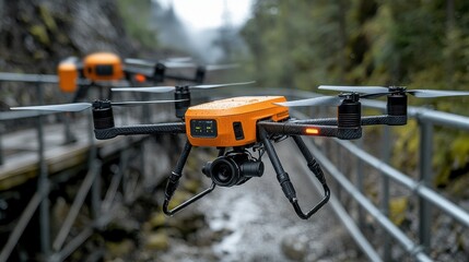Two Orange Drones Flying Over Stone Path Surrounded by Lush Greenery and Moss Covered Walls