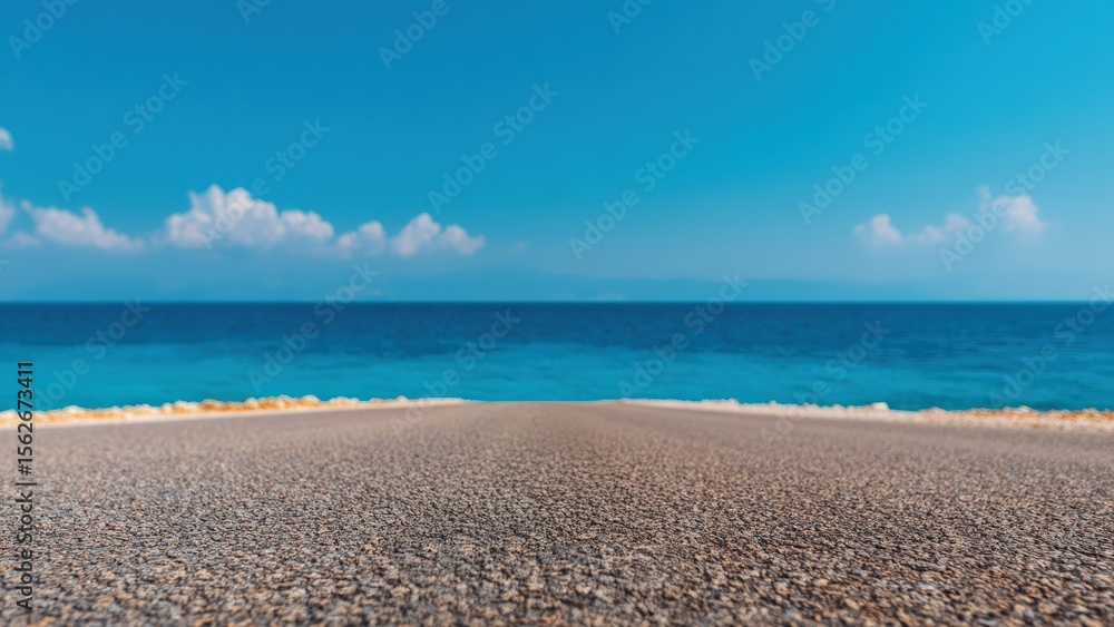 Poster scenic view of an empty asphalt road leading towards the vast blue sea under a serene cloudy sky, cr