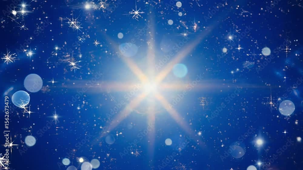 Poster festive starburst animation with sparkling particles on a blue background