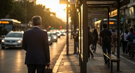 Businessman walks towards the setting sun, briefcase in hand, amidst the urban bustle of a city street.