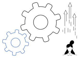 Two interconnected gears, upward arrows indicating growth, and a woman figure suggesting leadership and innovation. Ideal for teamwork, business strategy, productivity, success, development