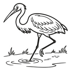 Black and white cartoon illustration of a long-legged bird standing in water with grass around