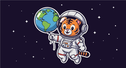 Cute cartoon tiger astronaut holding Earth in outer space with stars background