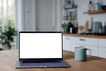 Fototapeta premium Open laptop computer showing blank white screen, placed on wooden table with coffee mug in modern kitchen, perfect for showcasing website or app design