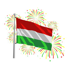 Hungarian Flag Illustration with Fireworks for National Celebration