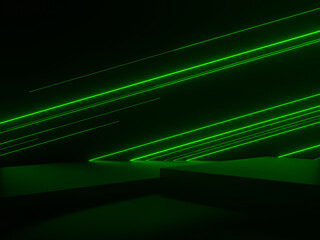 3D Black background with green stripped lights