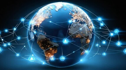 Global Network: A detailed depiction of the globe encircled by an intricate web of interconnected nodes and luminous pathways, highlighting the seamless global network that underpins the digital age. - Powered by Adobe
