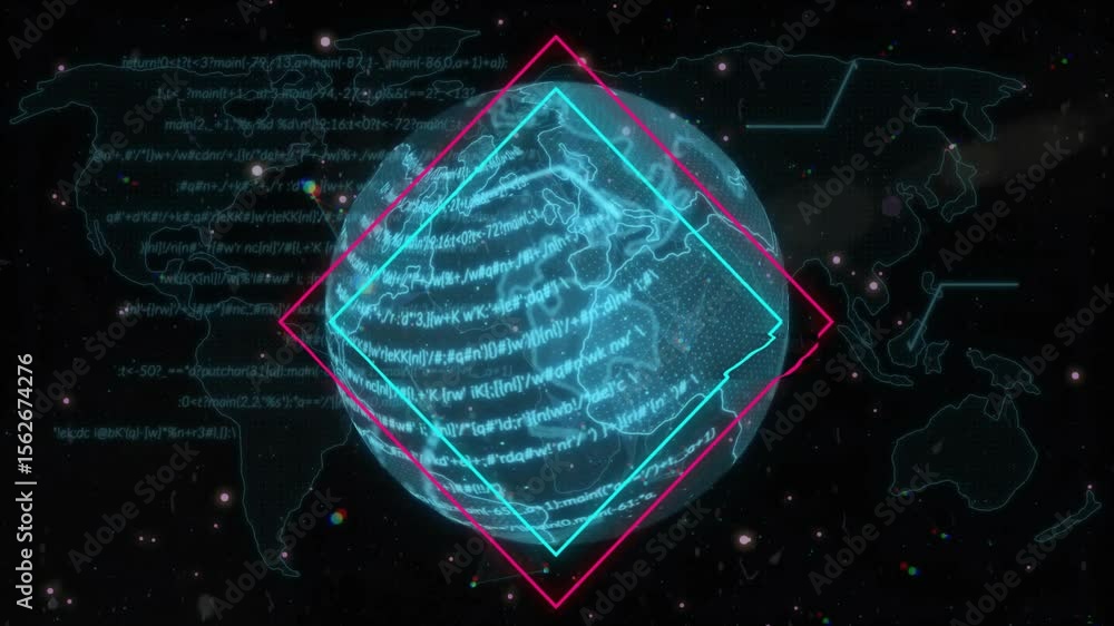Poster upon holographic globe activation sending code streams circling hemisphere showing data flow