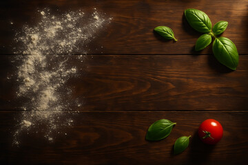 Top-down view of a dark wood table with flour and basil. Rustic food background for Italian recipes.