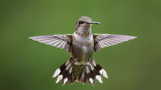 Hummingbird in flight captured in stunning detail against a green background