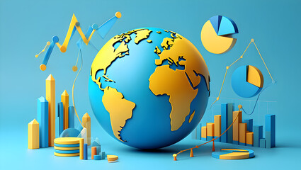 3d rendering of a blue and yellow globe surrounded by financial charts and bar graphs on a light blue background