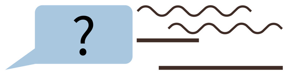 Light blue speech bubble with question mark alongside wavy and straight lines indicating interaction and communication. Ideal for brainstorming, discussion, conversation, inquiry, curiosity