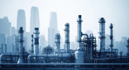 Obraz premium Modern Industrial Refinery Complex Against a Hazy City Skyline Under a Bright Sky