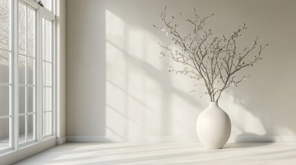 A simple, elegant room corner with a vase of delicate branches.