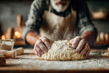 Close up of baker's hands kneading dough on a wooden kitchen table, flour flying around, creating a dynamic and engaging scene of bread making