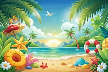 Vibrant Tropical Summer Vacation Beach Background Illustration