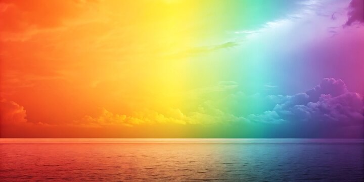 Vibrant rainbow sky over calm ocean water at sunset or sunrise - Powered by Adobe