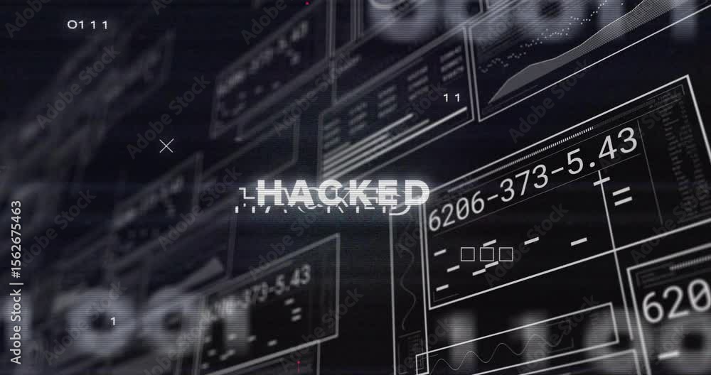 Poster glitching grid revealing hacked label, panels shifting codes, circuits pulsing to signal breach