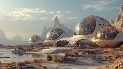 Futuristic domed structures in a desert landscape with mountains