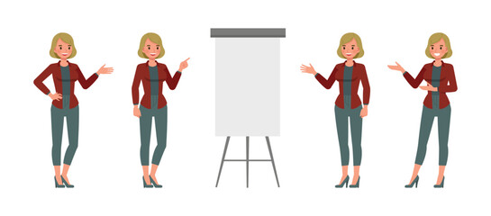 Businesswoman with bronze hair wearing red shirt character vector illustration design set. Woman working in office. Presentation in various action.