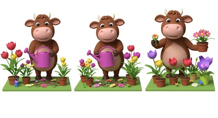 Obraz premium Cartoon cows gardening
