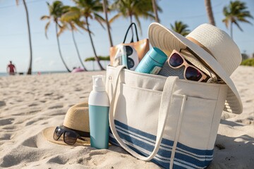 A stylish beach bag filled with summer essentials like a wide brimmed hat sunglasses and sunscreen sits on the sandy shore with palm trees and the ocean in the background