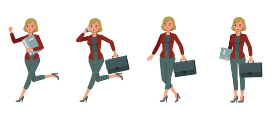 Businesswoman with bronze hair wearing red shirt character vector illustration design set. Woman working in office. Presentation in various action.