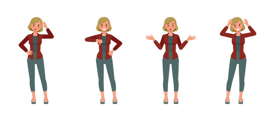 Businesswoman with bronze hair wearing red shirt character vector illustration design set. Woman working in office. Presentation in various action.