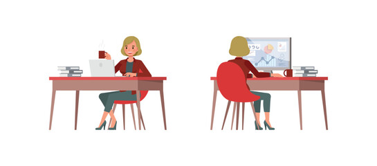 Businesswoman with bronze hair wearing red shirt character vector illustration design set. Woman working in office. Presentation in various action.