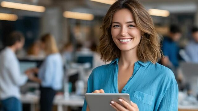 Woman at Work: A bright professional woman wearing a stylish blouse stands confidently holding a digital tablet in office, smiling genially at the camera.