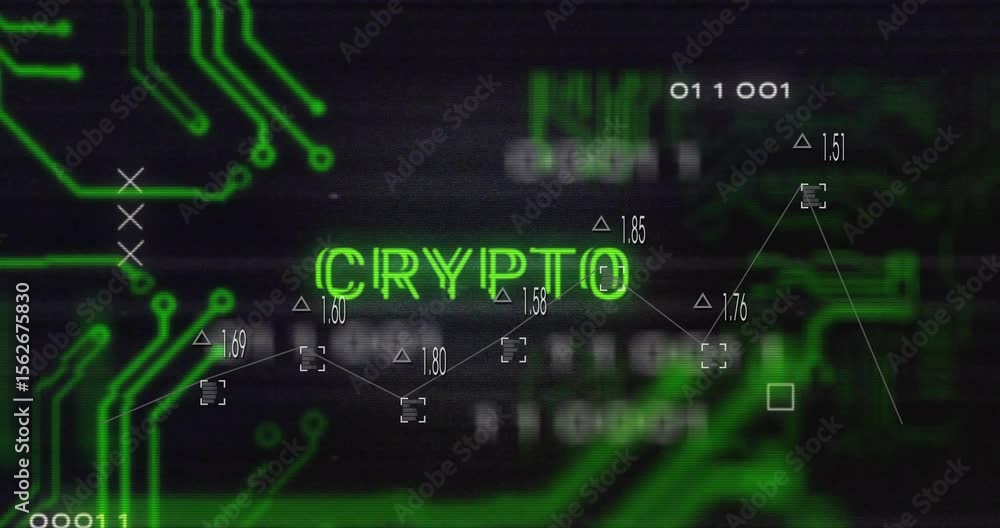 Poster graph flickering activating circuitry as crypto letters forming pulsing data for crypto dashboard