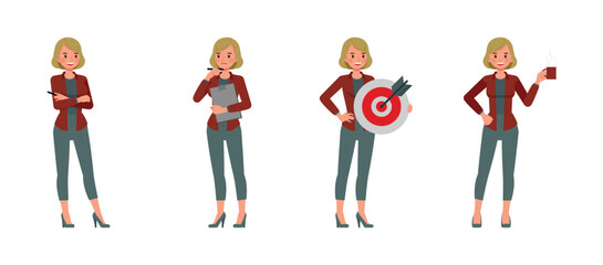 Businesswoman with bronze hair wearing red shirt character vector illustration design set. Woman working in office. Presentation in various action.