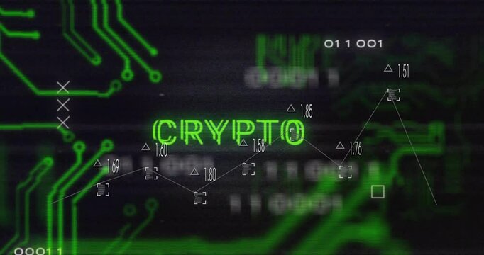 Graph flickering activating circuitry as CRYPTO letters forming pulsing data for crypto dashboard - Powered by Adobe