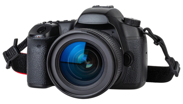 black camera with a blue lens isolated on white background PNG