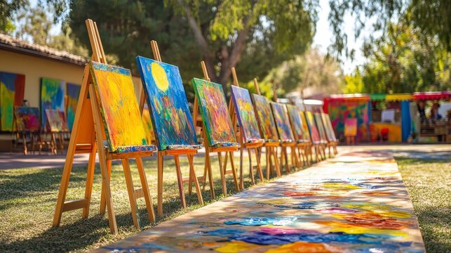 Colorful Paintings on Easels at Outdoor Art Exhibition Event