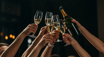 
Raised hands holding glasses and bottle of champagne in a toast, dark background