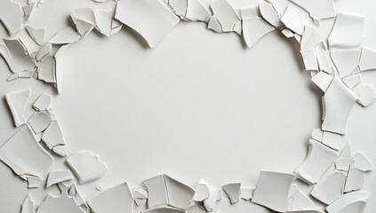 Broken white ceramic pieces form an oval frame
