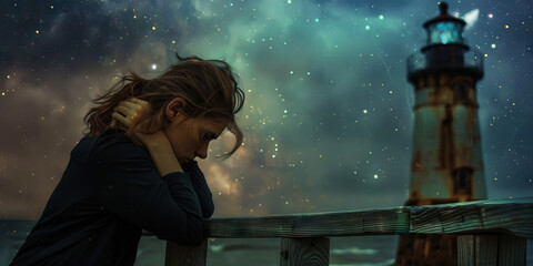 Woman on Railing with Lighthouse and Starry Night Background