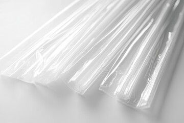 Clear plastic wrap bundles, closely grouped