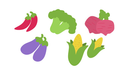 A set of flat, colorful vegetable illustrations including chili, broccoli, beetroot, eggplant, corn, and bell pepper. Ideal for healthy food designs, menus, packaging, and educational materials.