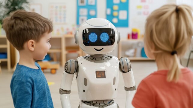 Children interacting with an AI-powered learning robot in a kindergarten, robot displaying friendly