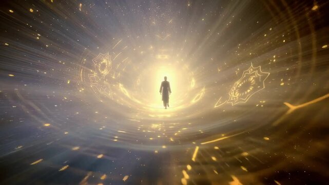 A first-person POV shot of traveling through a mystical tunnel of light and energy. The tunnel walls pulse with glowing sacred geometry. 
