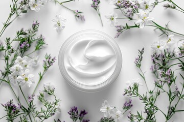 Cream jar surrounded by flowers.  Top-down view