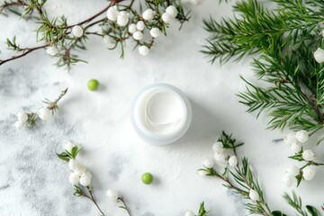 White cream jar centered on a light gray surface, surrounded by sprigs of greenery and small white berries